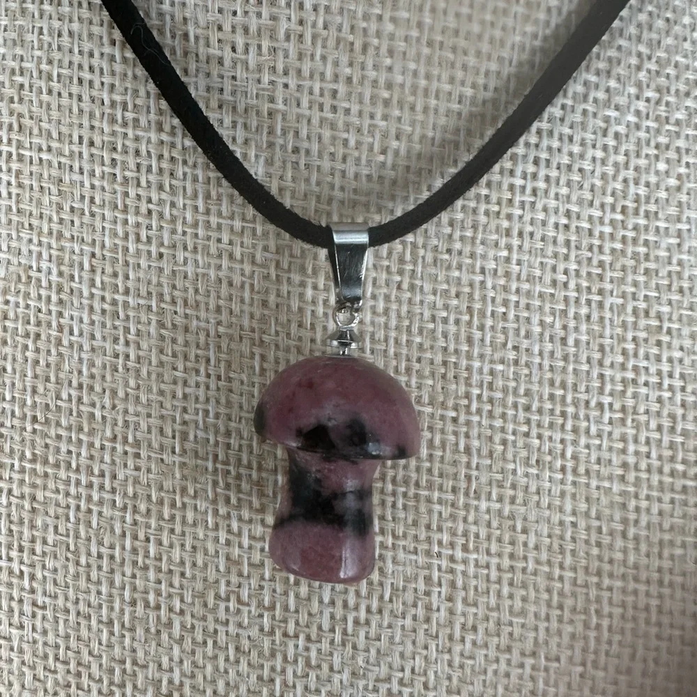 Mini Rhodonite Mushroom Pendant Necklace on Black Faux Suede